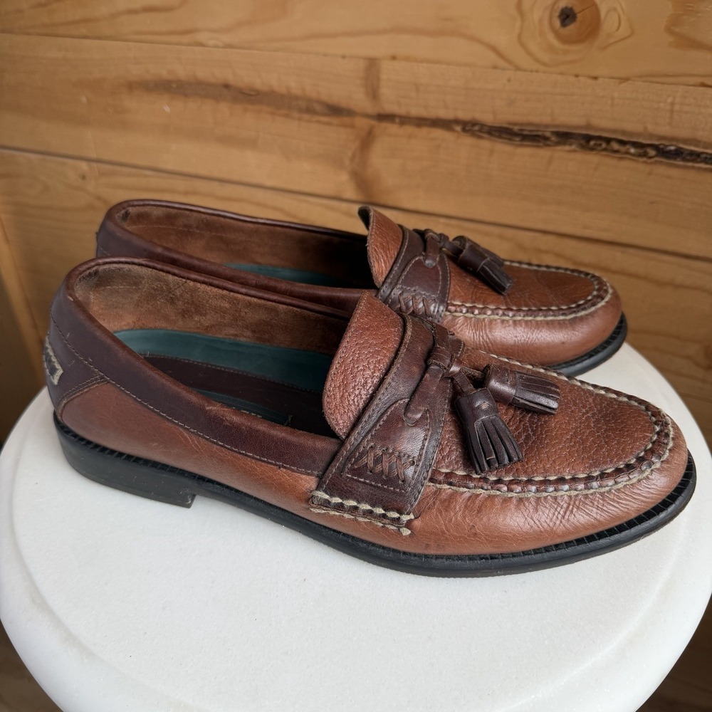 H.S Trask 9m Brown Bison Leather Slip On Comfort Tassel Loafer Shoes Moc Toe